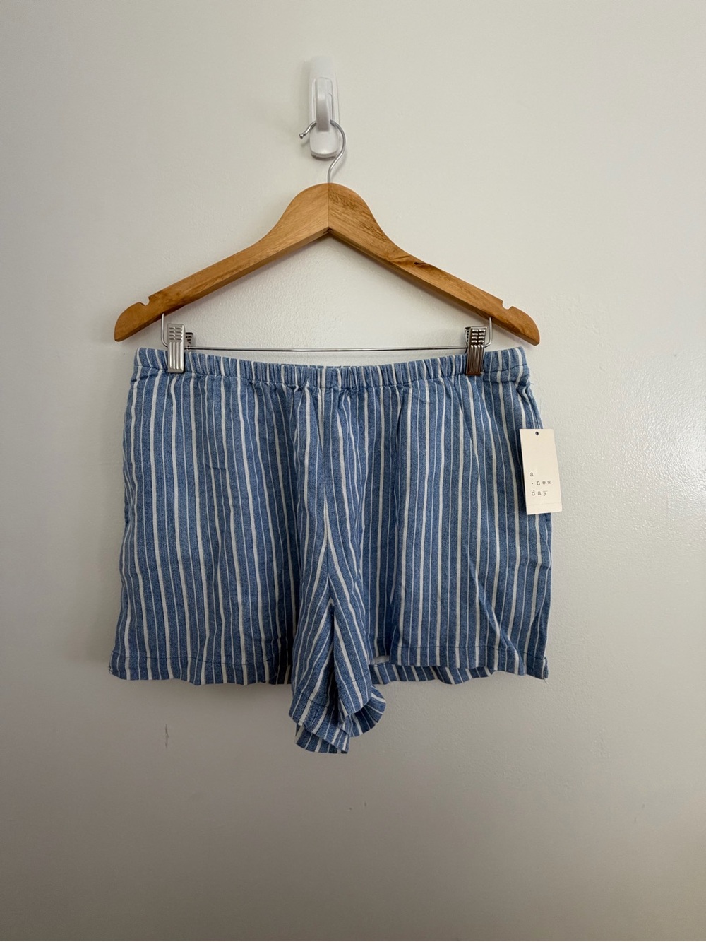 a new day Blue and White Striped High-Waist Linen-Blend Shorts